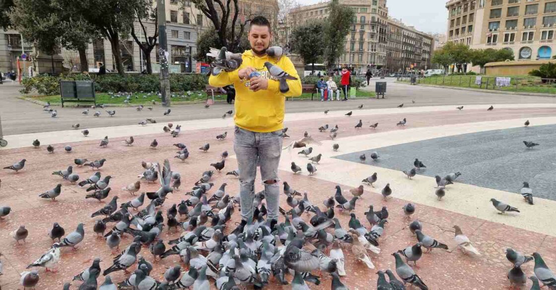 RE/MAX Makler Catalin Ruiu am Plaça de Catalunya von Tauben umgeben.